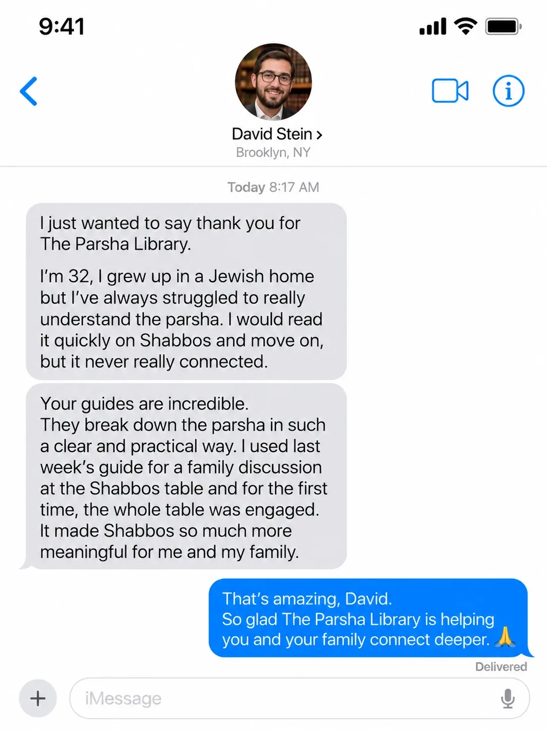 Text message from David Stein, Brooklyn, NY