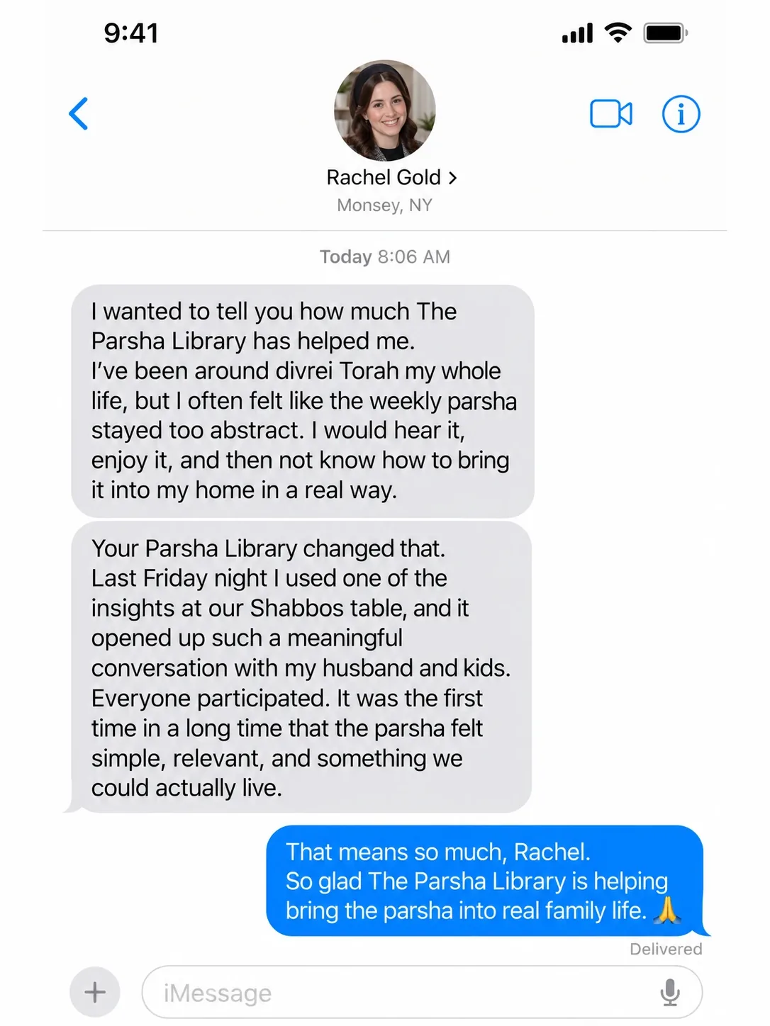 Text message from Rachel Gold, Monsey, NY